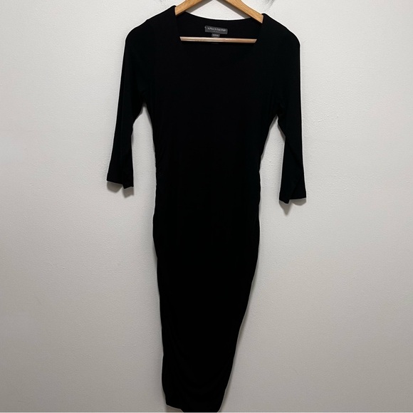 A PEA IN THE POD Black Modal Blend Ruched Sides Midi Dress 3/4 Sleeve Size Small - Picture 2 of 8